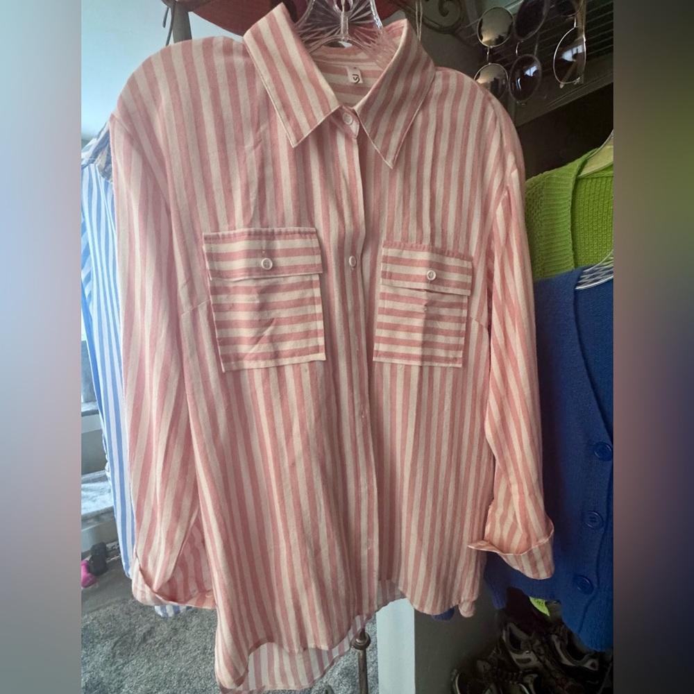 Pink and White Striped Button-Up Shirt